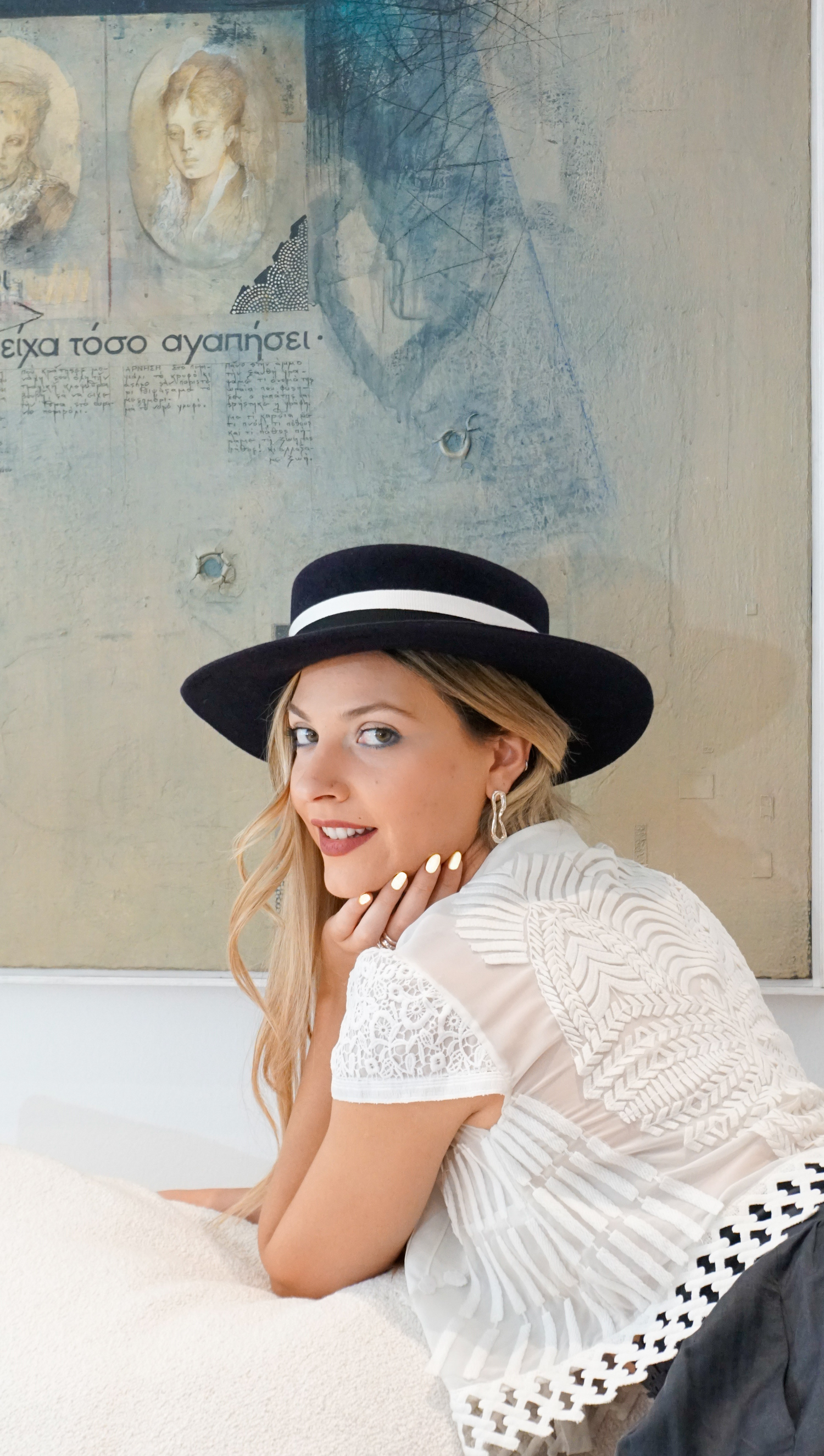 The Velour Luxe Collection — Luxury rabbit fur felt hats & headpieces by Anna Xaniotaki. Meet Kalypso velour boater hat in navy blue & Gold Lyre jewel.