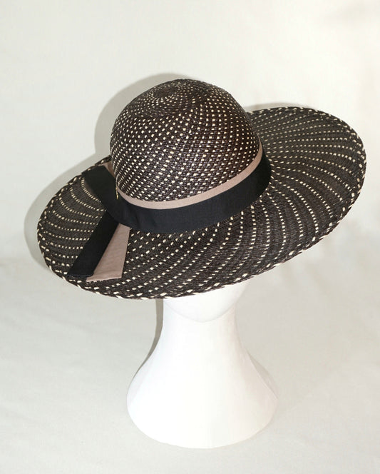 Handwoven black and ivory Panama hat for weddings and Royal Ascot by Anna Xaniotaki- front view