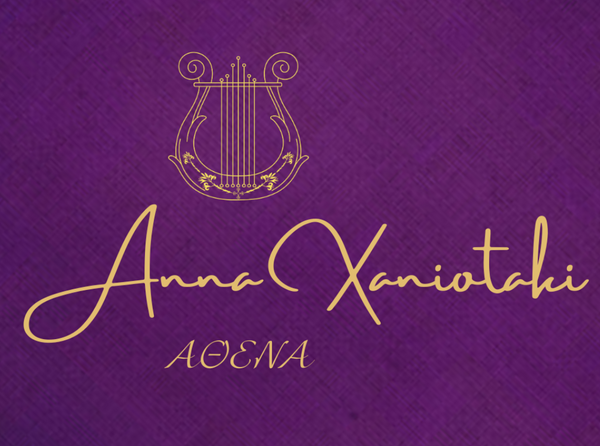 Anna Xaniotaki ATHENA luxury millinery brand logo — gold lyre emblem at the top positioned between the letters A and X, with 7 strings, two spiral finials and a cross with lily motifs beneath the central string, adorned with Minoan lily motifs inspired by the Knossos frescoes. Below, the brand name 'Anna Xaniotaki' in gold script lettering, with 'ΑΘΕΝΑ' in Greek characters centred beneath the letters A and X, all in gold on a deep purple background.