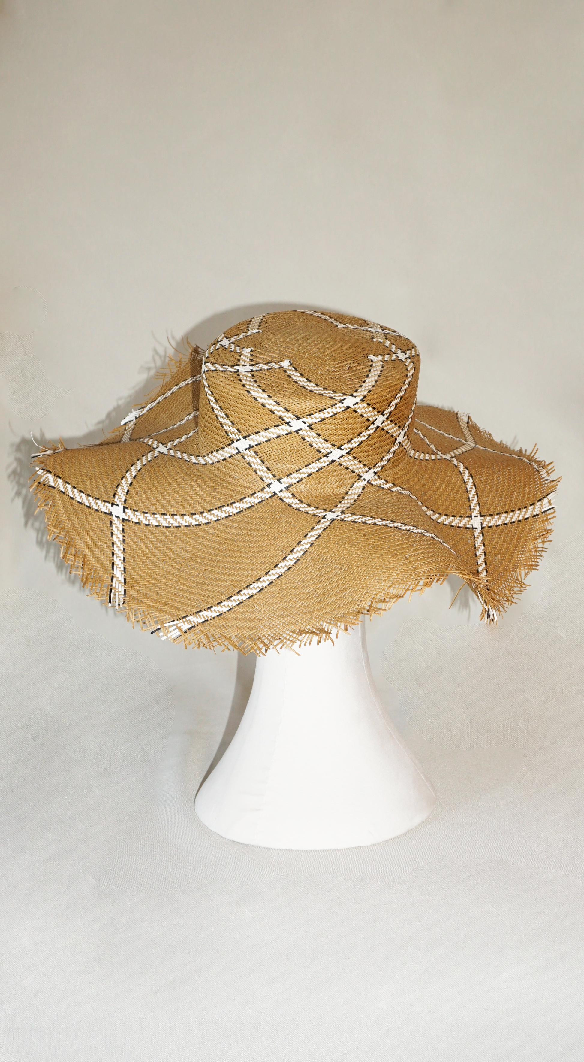 Aura hand-woven wide brim hat, golden chestnut Toyo paper straw, ivory & black geometric plaid, bohemian sculptural presence, back & top view by Anna Xaniotaki