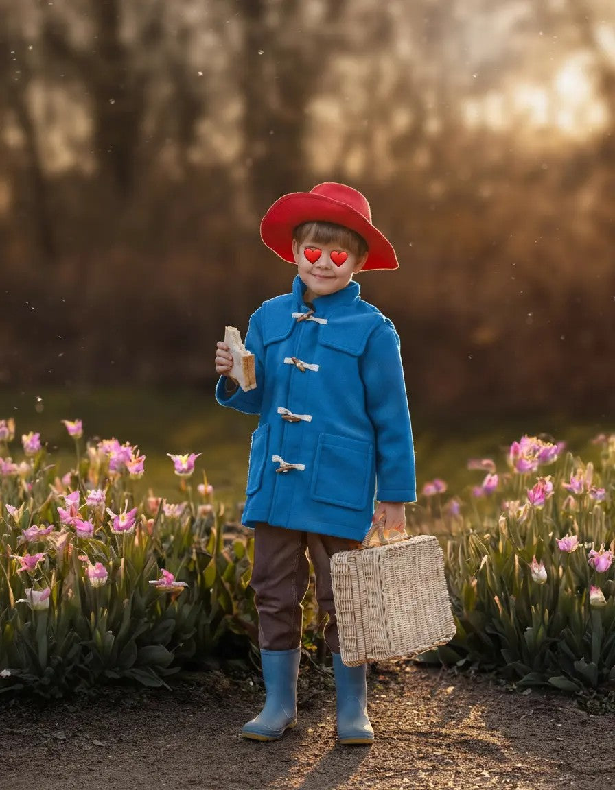 As seen on. A young boy in the forest wearing the Badminton-inspired hat in fine red wool felt — dressed in a blue coat, holding a toast and a straw picnic bag by Anna Xaniotaki ATHENA