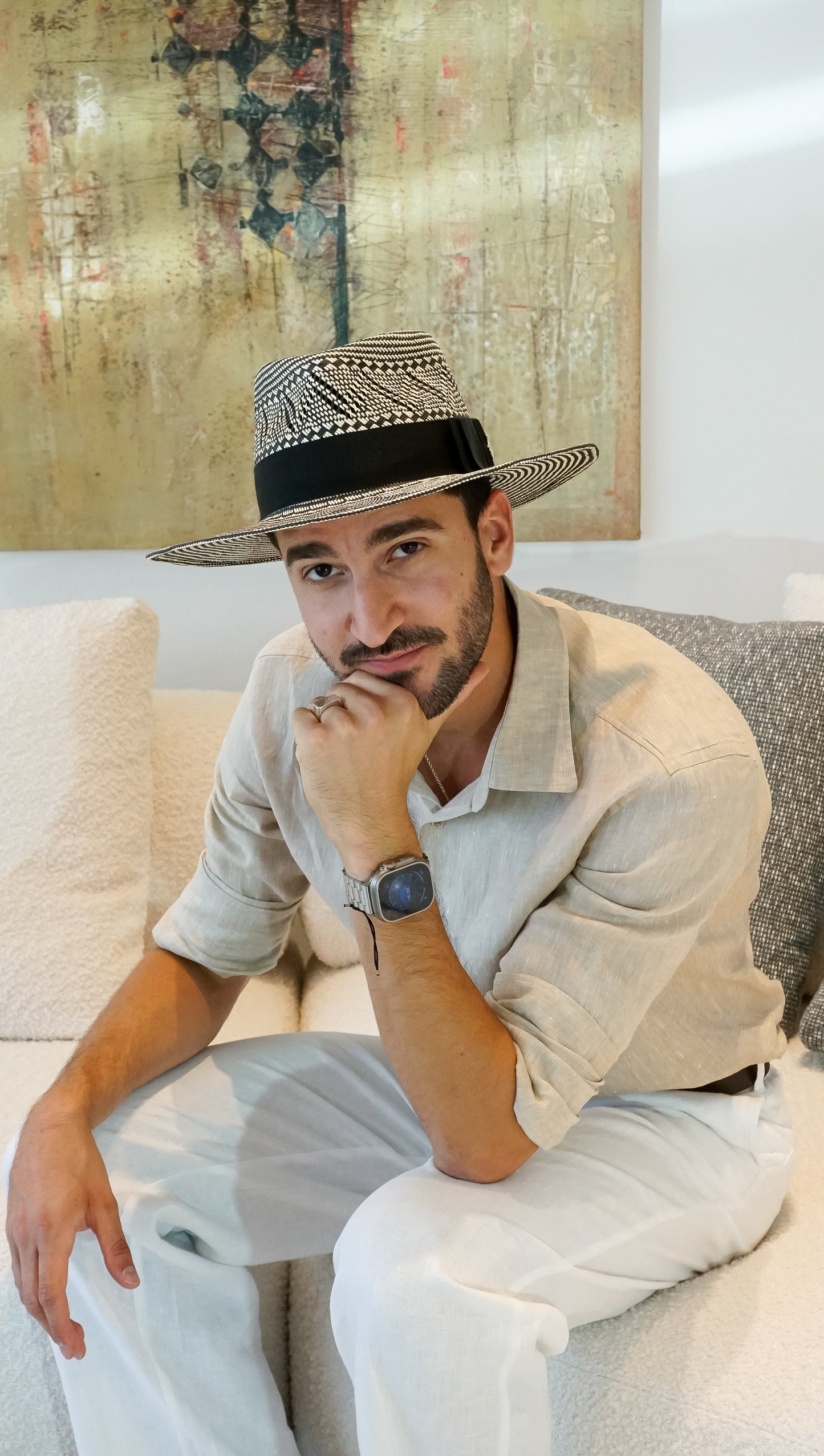 Odysseus Fedora Hat in Two-Tone Patterned Fine Straw with Sterling Lyre