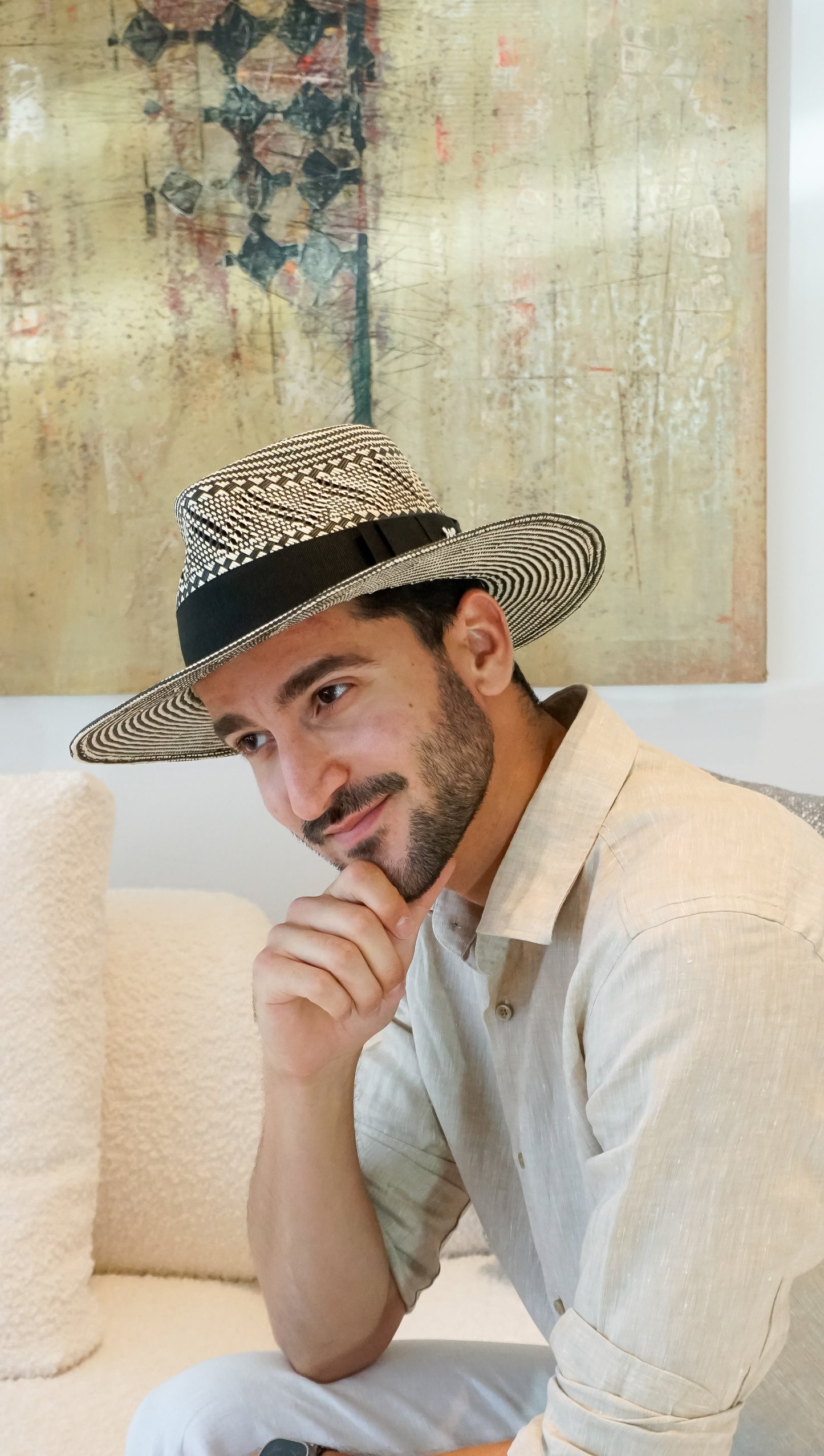 Odysseus Fedora Hat in Two-Tone Patterned Fine Straw with Sterling Lyre