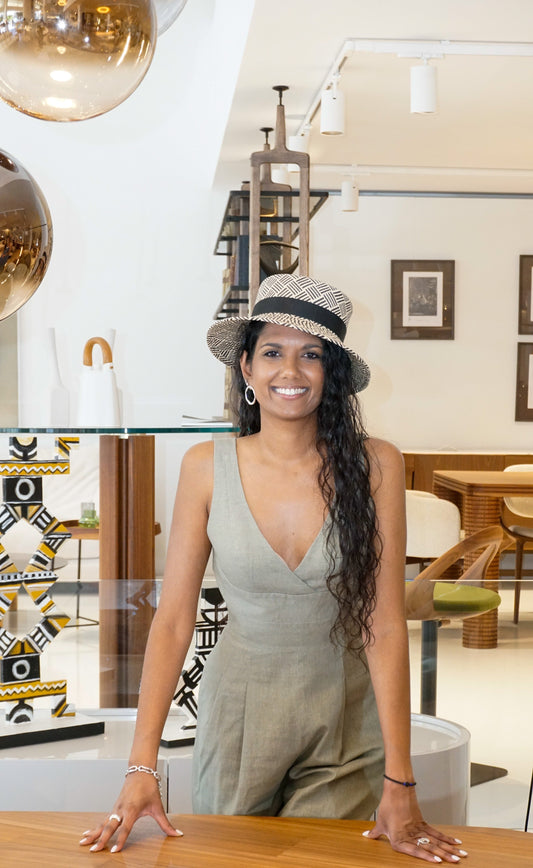 Leto Ode pale cream and black boater hat in Panama straw by Anna Xaniotaki - front side view