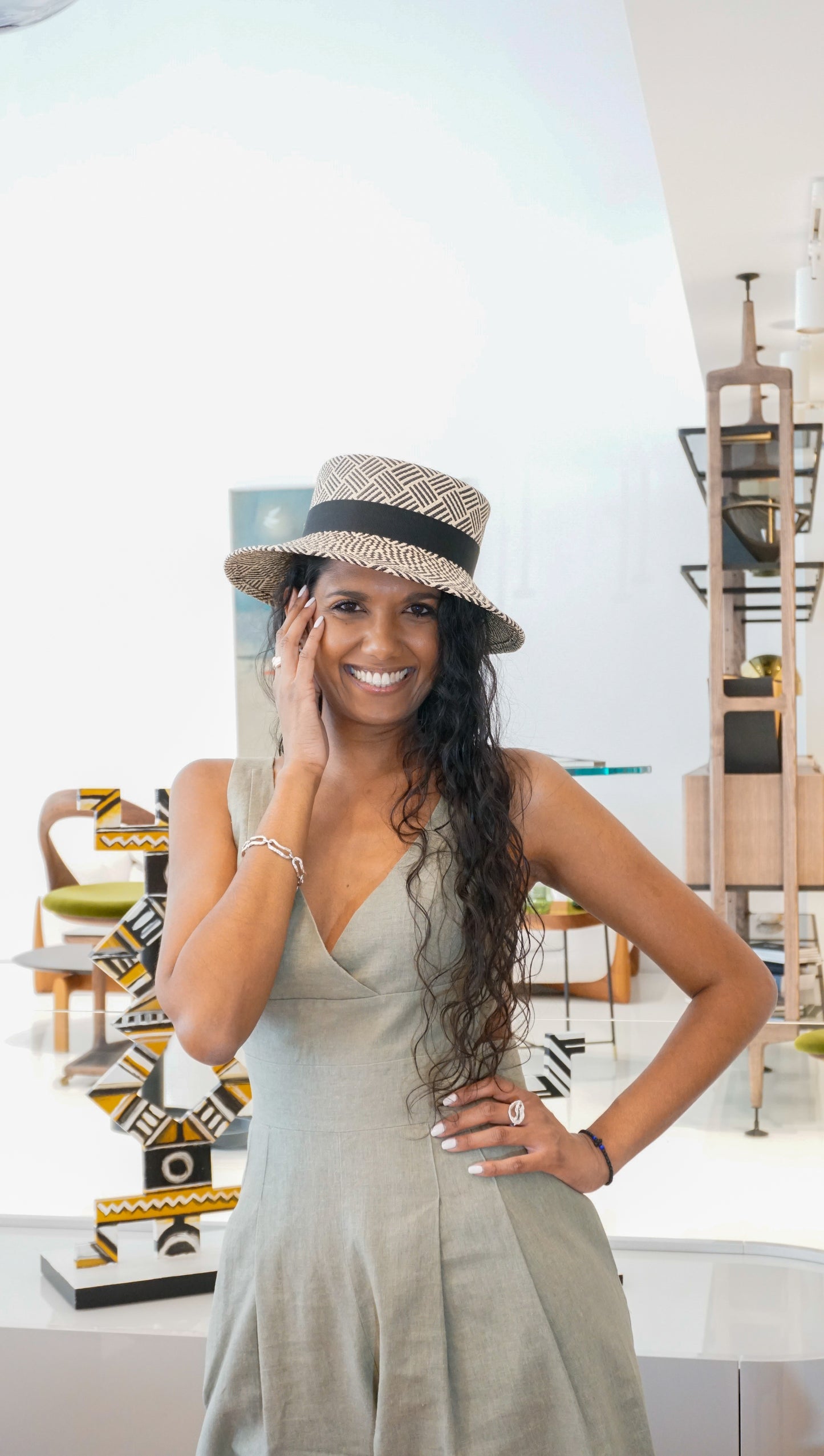 Leto Ode boater hat in Panama straw, black bow and sterling lyre by Anna Xaniotaki - front view