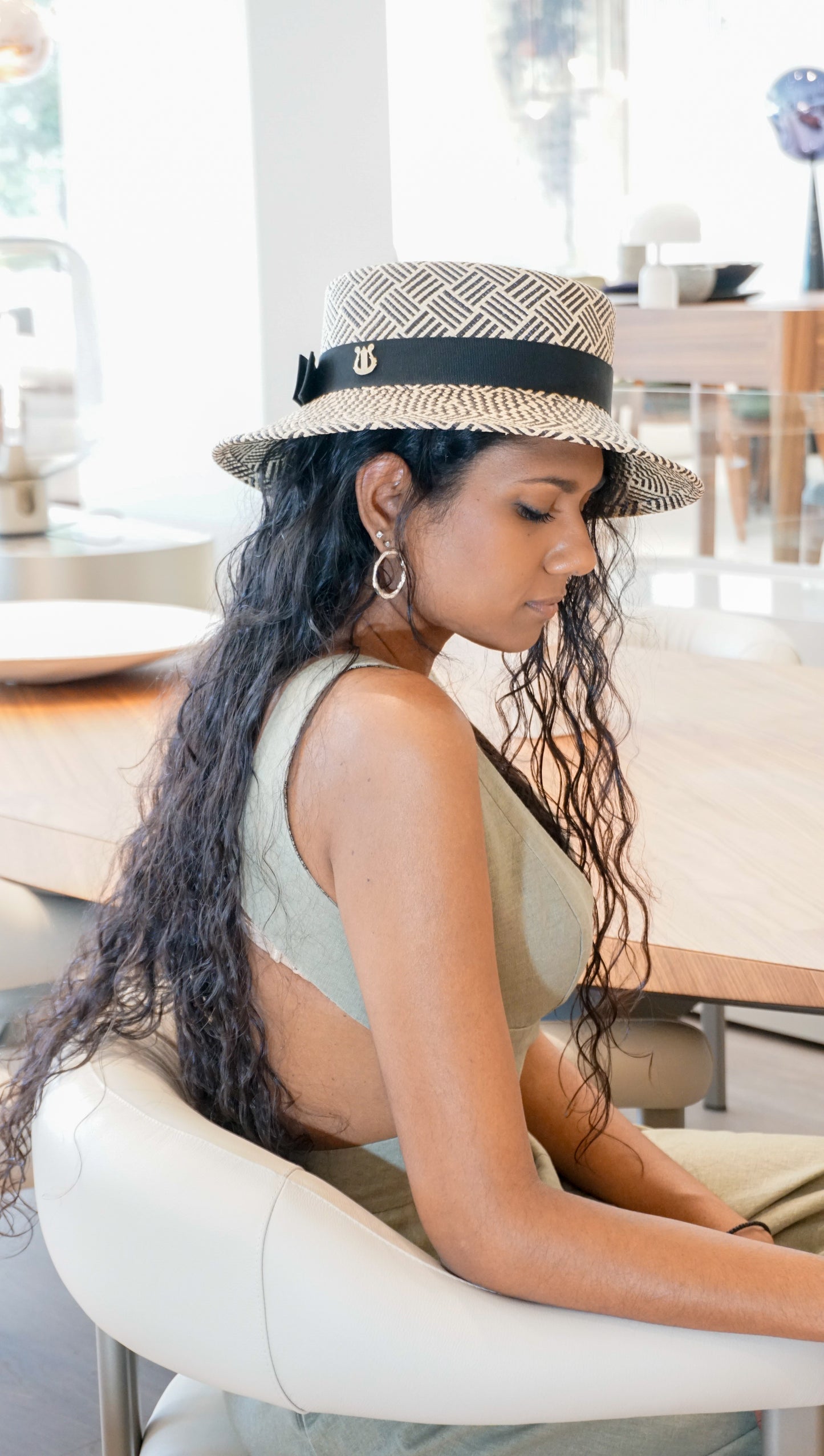 Leto Ode pale cream and black boater hat in Panama straw by Anna Xaniotaki - right side view