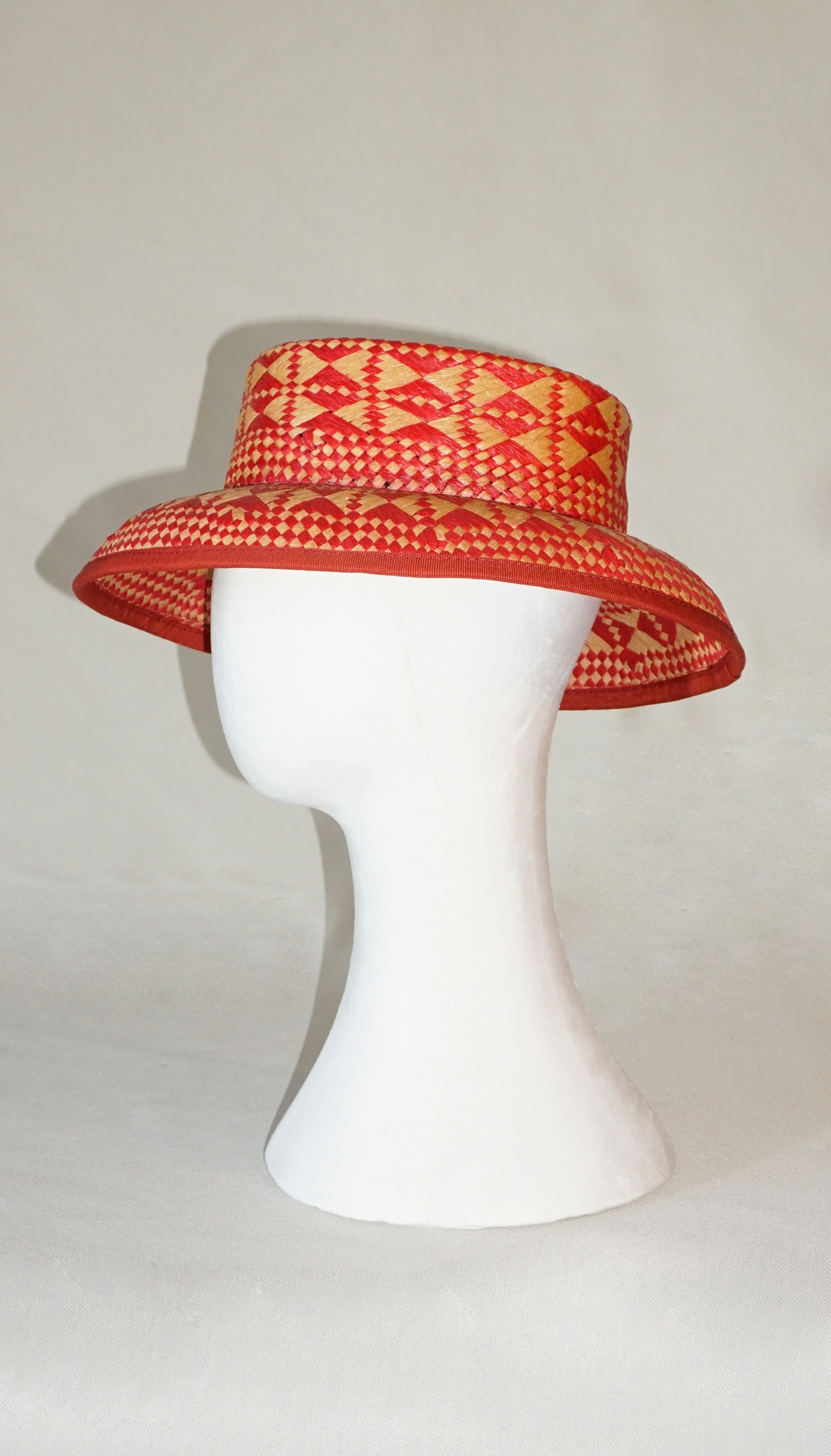 Eos Mid Brim Hat in Red & Natural Paper Straw by Anna Xaniotaki, left side view