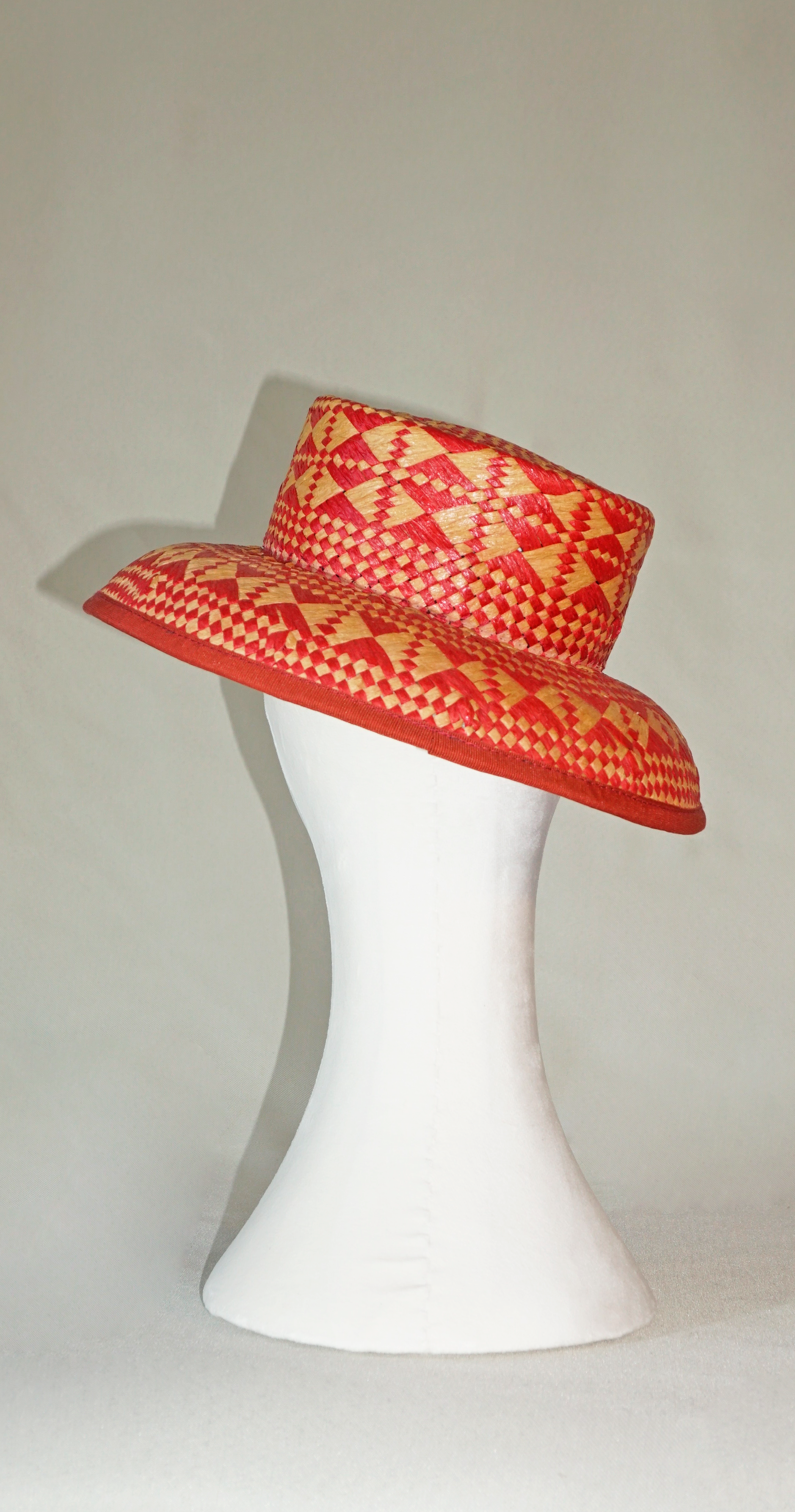 Eos Mid Brim Hat in Red & Natural Paper Straw by Anna Xaniotaki, back view