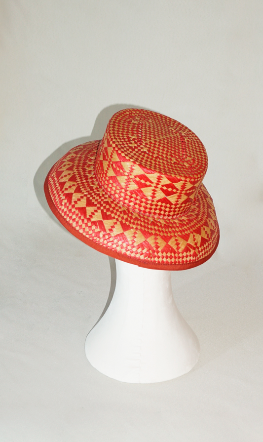 Eos Mid Brim Hat in Red & Natural Paper Straw by Anna Xaniotaki, back view