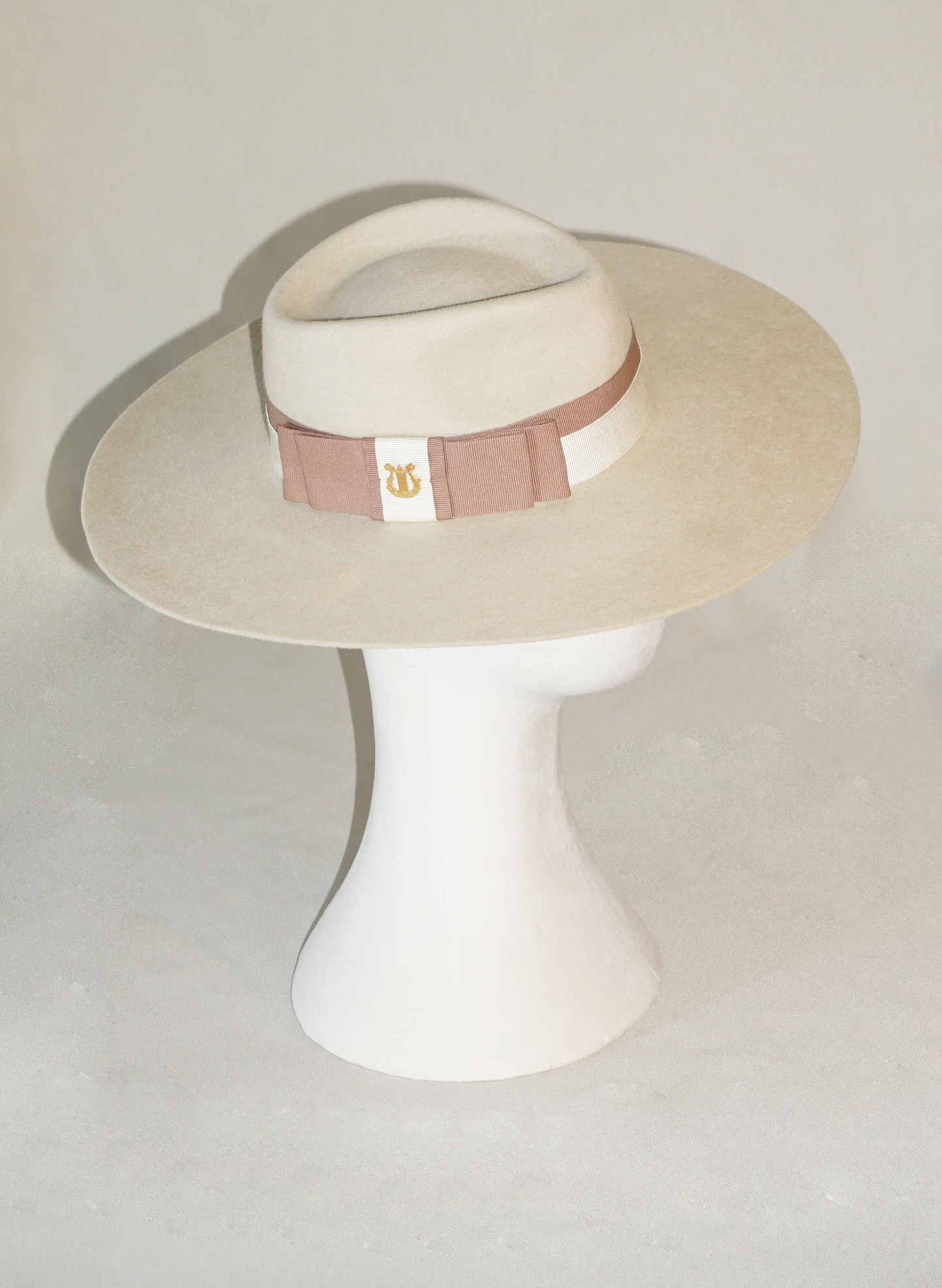 Iokasti Fedora Hat in Rabbit Fur Felt with Ivory and Nude Blush Italian Ribbon & 14ct gold plated 925 sterling silver lyre, right side view | Anna Xaniotaki Atelier
