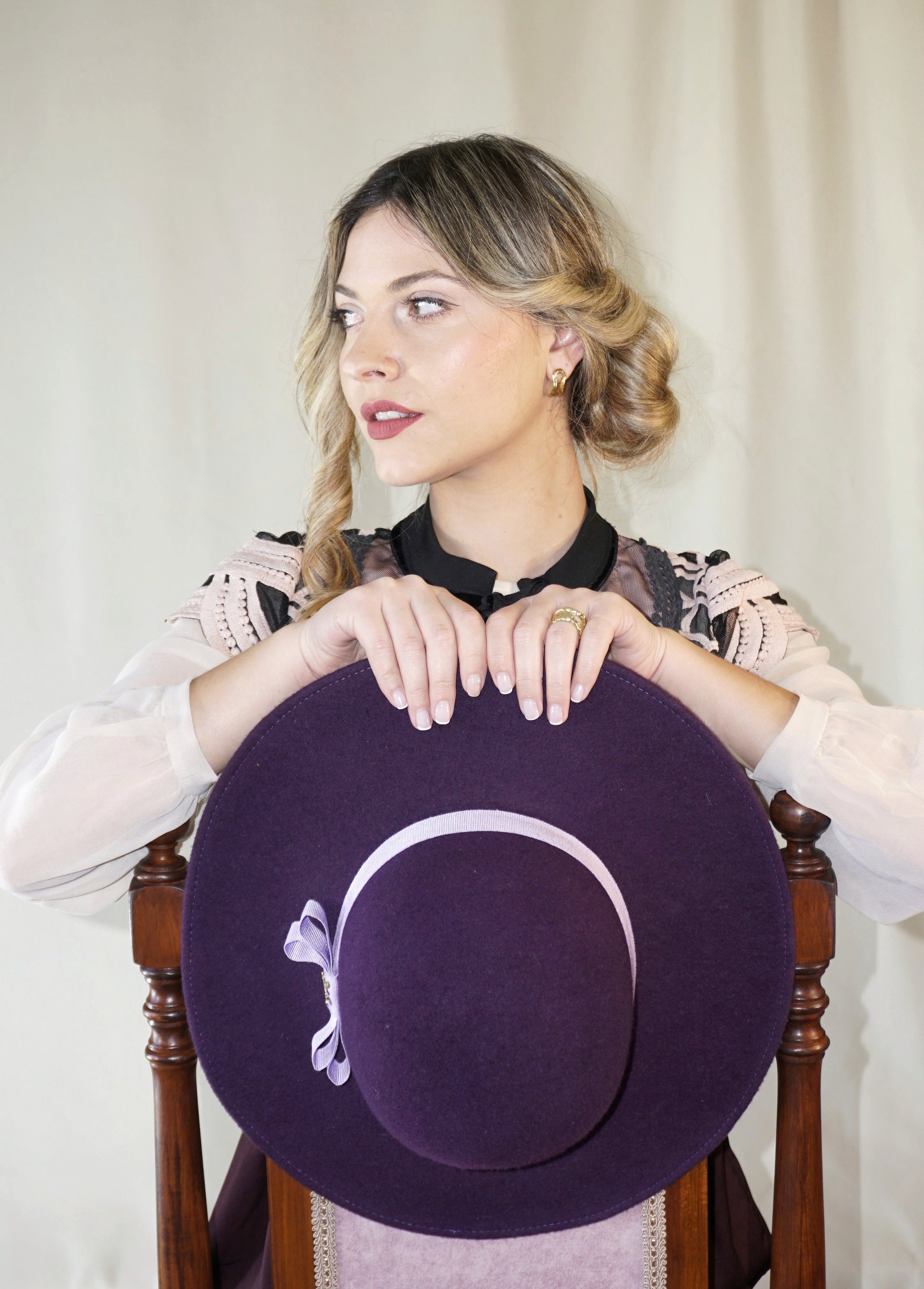 La Violette Nocturne Orchid Purple Felt Hat with Lavender Purple Double Bow & Gold Lyre by Anna Xaniotaki  