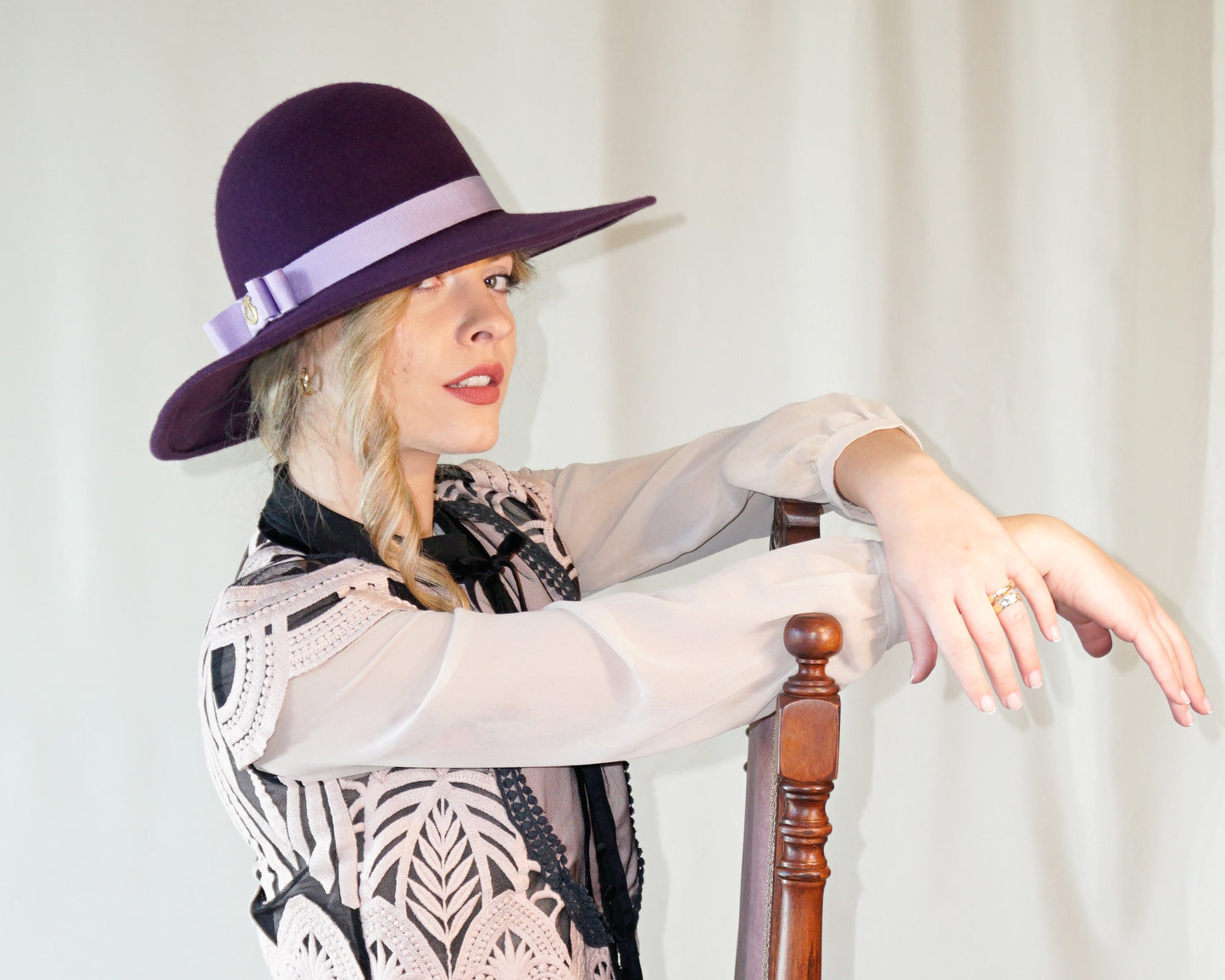 La Violette Nocturne Orchid Purple Felt Hat with Lavender Purple Double Bow & Gold Lyre by Anna Xaniotaki - right side view