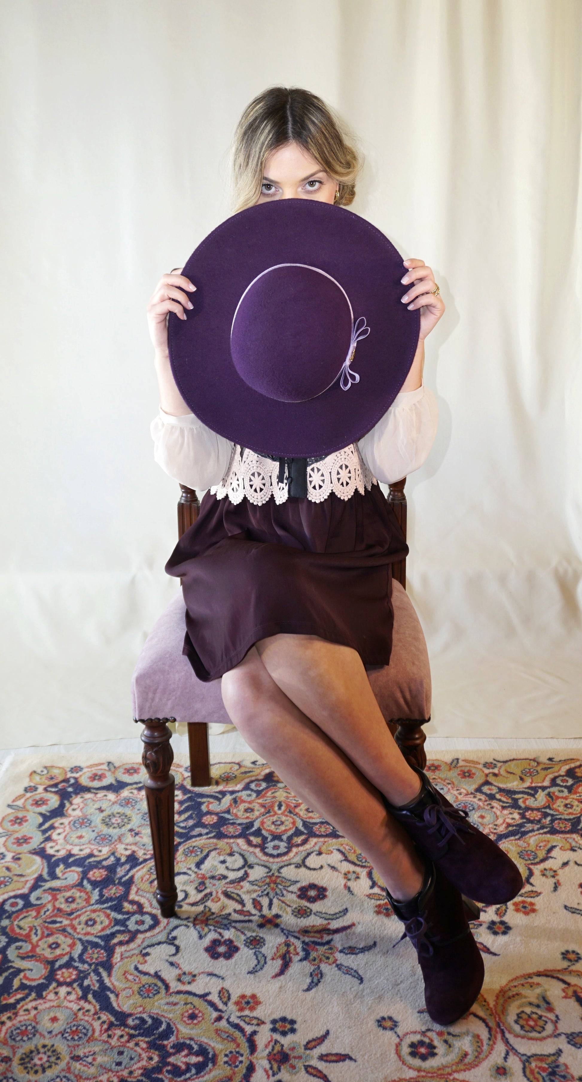 La Violette Nocturne Orchid Purple Felt Hat with Lavender Purple Double Bow & Gold Lyre by Anna Xaniotaki - 