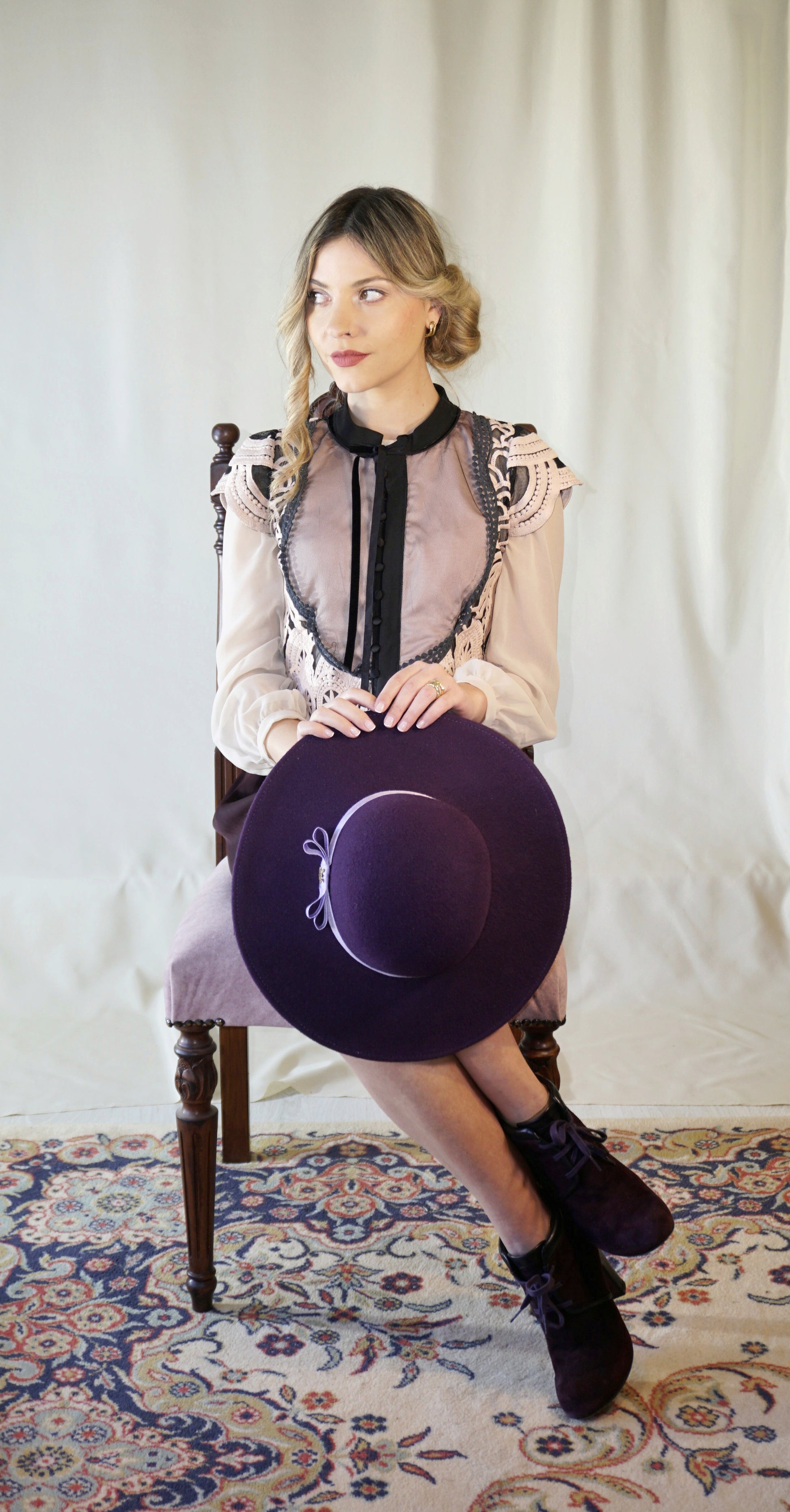 La Violette Nocturne Orchid Purple Felt Hat with Lavender Purple Double Bow & Gold Lyre by Anna Xaniotaki - top view