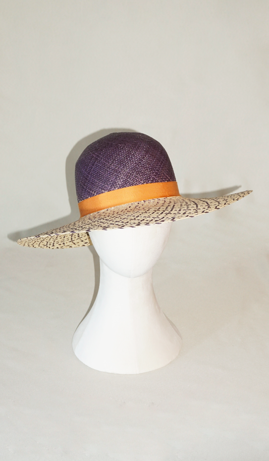 Lyra Soleil Panama Straw Hat in Navy, Natural & Gold Lyre by Anna Xaniotaki