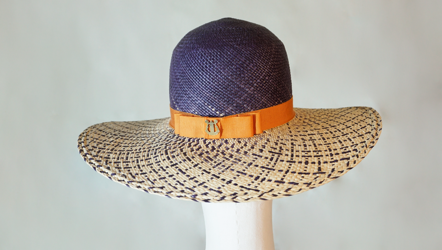 Lyra Soleil Panama Straw Hat in Navy, Natural & Gold Lyre by Anna Xaniotaki, back view