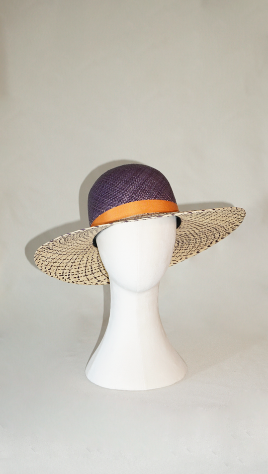Lyra Soleil Panama Straw Hat in Navy, Natural & Gold Lyre by Anna Xaniotaki