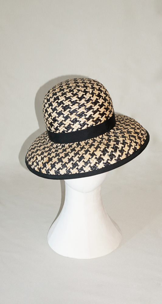 Melia Hat in Black & Natural Raffia Straw by Anna Xaniotaki front view