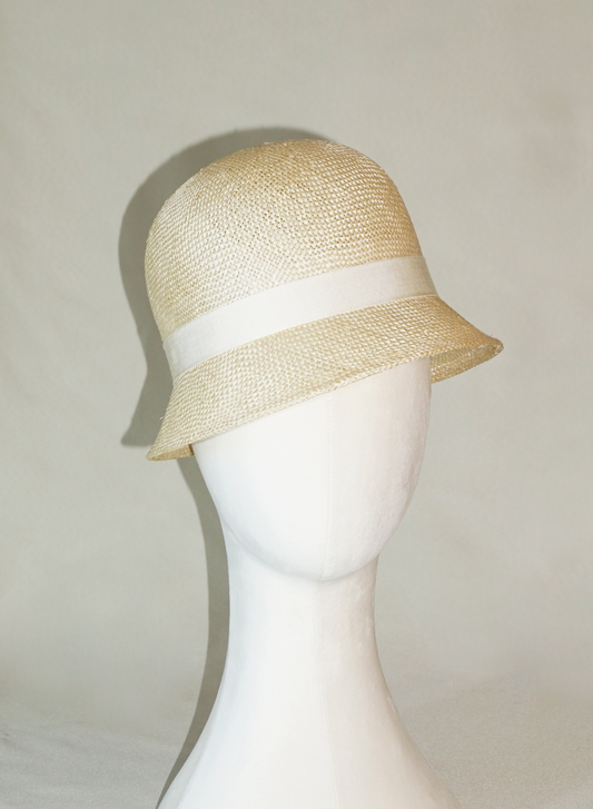 Selene Cloche Hat in Champagne Italian Straw with Gold Lyre by Anna Xaniotaki