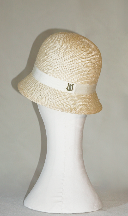 Selene Cloche Hat in Champagne Italian Straw with Gold Lyre by Anna Xaniotaki, back view