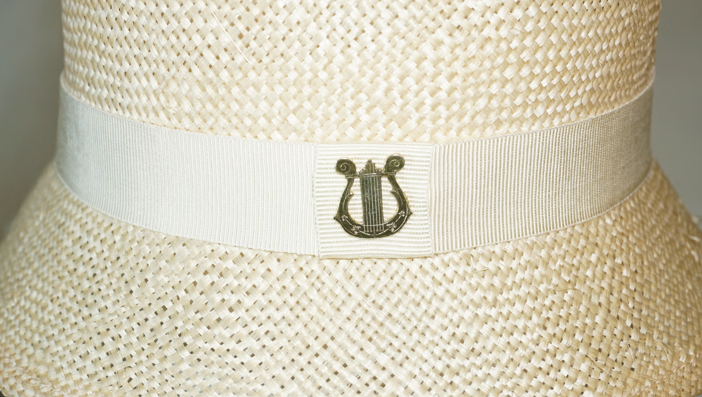 Selene Cloche Hat in Champagne Italian Straw with Gold Lyre by Anna Xaniotaki